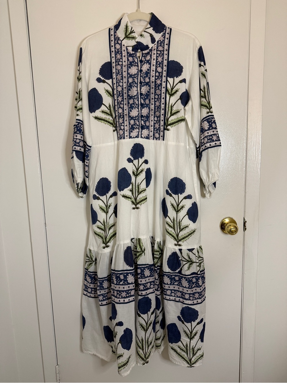 Sue Sartor Flounce Long Sleeve Blue and White Floral Maxi Dress 100% Cotton